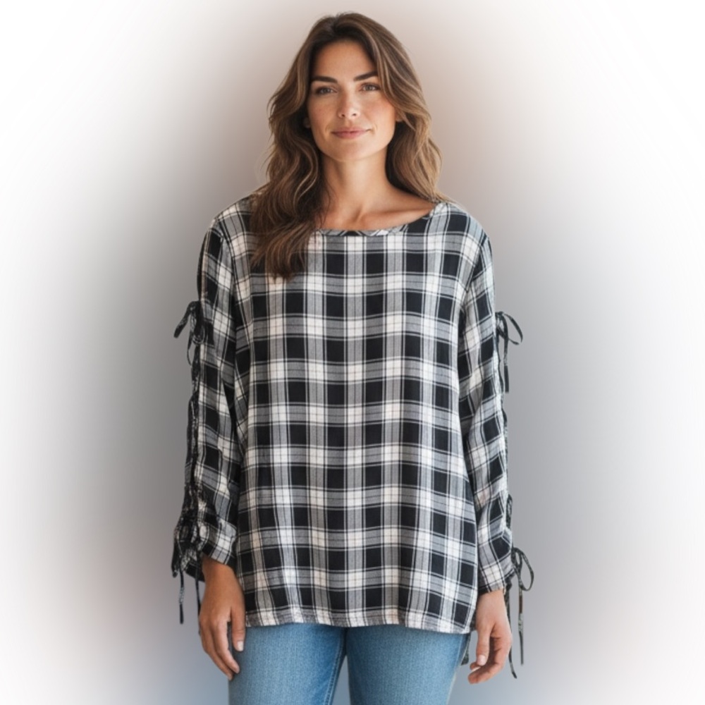 LOFT Black and White Plaid Blouse with Tie Sleeves